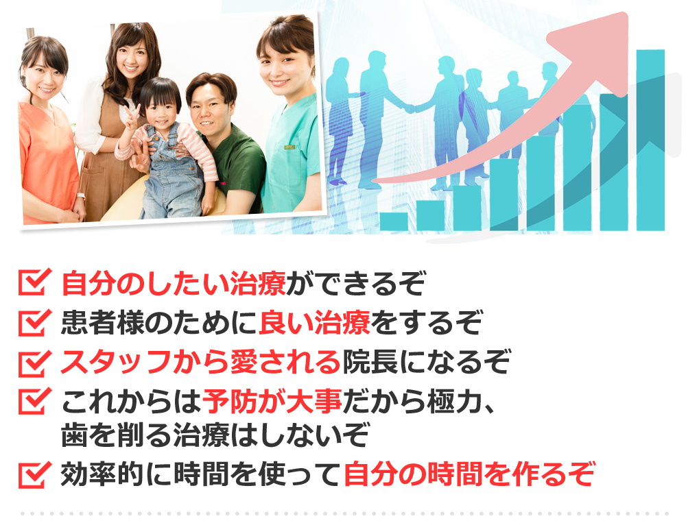 自分のしたい治療ができるぞ 患者様のために良い治療をするぞ スタッフから愛される院長になるぞ これからは予防が大事だから極力、歯を削る治療はしないぞ 効率的に時間を使って自分の時間を作るぞ